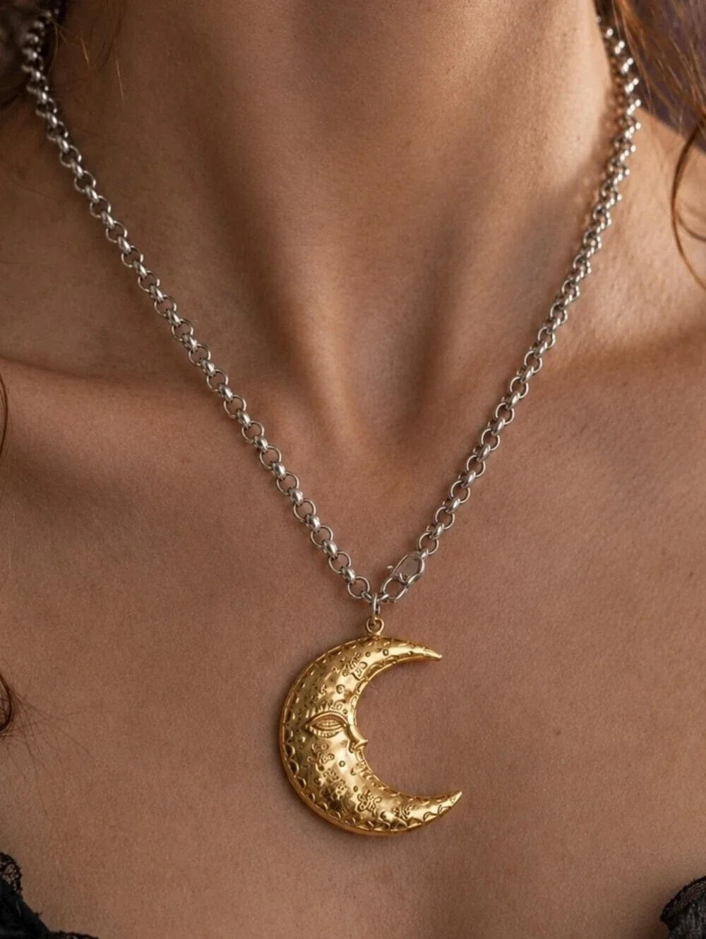 Crescent Moon Pendant Necklace 18K Gold Silver SS Two-Tone Celestial Witchy 18